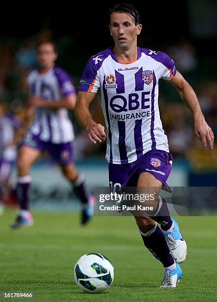 Liam Miller of the Glory controls the ball during the round 21 A-League match between the Perth Glory and the Central Coast Mariners at nib Stadium...
