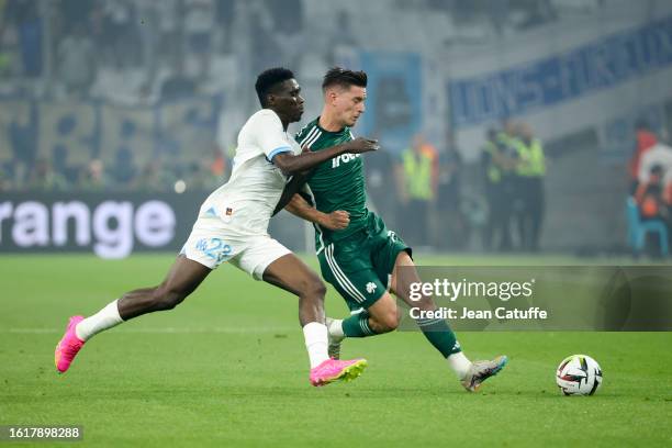 Ismaila Sarr of Marseille, Benjamin Verbic of Panathinaikos in action during the UEFA Champions League third qualifying round, second Leg between...