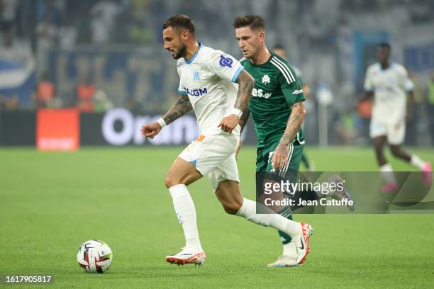 Jonathan Clauss of Marseille, Benjamin Verbic of Panathinaikos in action during the UEFA Champions League third qualifying round, second Leg between...
