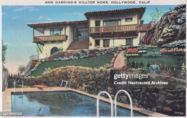 Vintage souvenir postcard published ca 1928 from the Movie Star Homes series, depicting mansions and grand beach estates of Hollywood celebrities in...