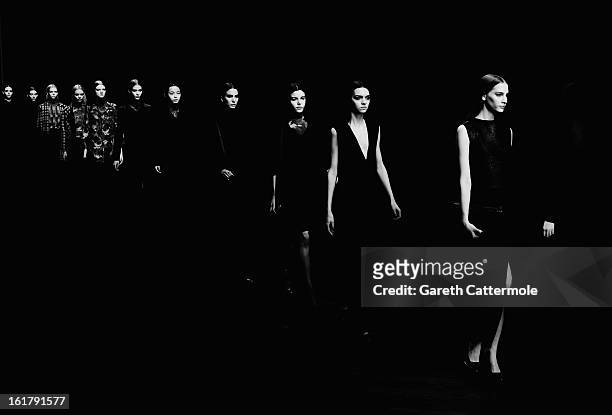 Models walk the runway during the Jasper Conran show as part of London Fashion Week Fall/Winter 2013/14 at Somerset House on February 16, 2013 in...