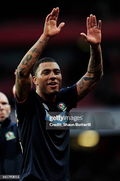 Match winning goalscorer Colin Kazim-Richards of Blackburn celebrates his team's 1-0 victory during the FA Cup with Budweiser fifth round match...