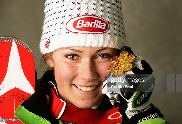 Mikaela Shiffrin of the United States of America celebrates with her gold medal after winning the Women's Slalom during the Alpine FIS Ski World...