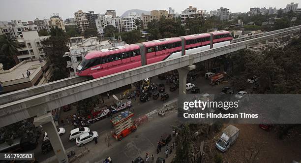 Mono Rail test drvie between Wadala and Chembur on February 16, 2013 in Mumbai, India. The 19.54 km long Chembur-Wadala-Jacob Circle monorail project...