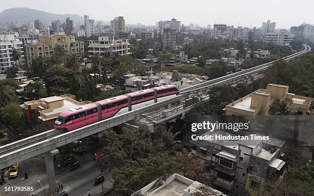 Mono Rail test drvie between Wadala and Chembur on February 16, 2013 in Mumbai, India. The 19.54 km long Chembur-Wadala-Jacob Circle monorail project...