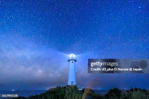 beautiful starry sky and milky way with white lighthouse, tsumekizaki, south izu, shimoda city, shizuoka pref, - farol imagens e fotografias de stock