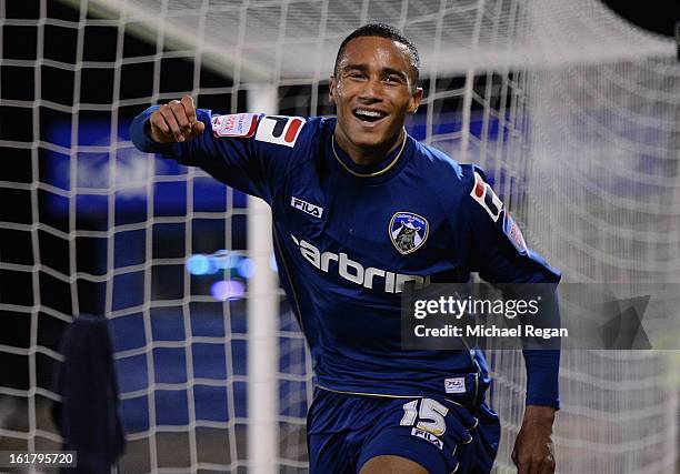 Jordan Obita of Oldham Athletic celebrates scoring the opening goal during the FA Cup with Budweiser Fifth Round match between Oldham Athletic and...