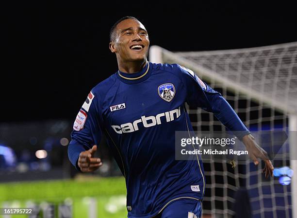 Jordan Obita of Oldham Athletic celebrates scoring the opening goal during the FA Cup with Budweiser Fifth Round match between Oldham Athletic and...