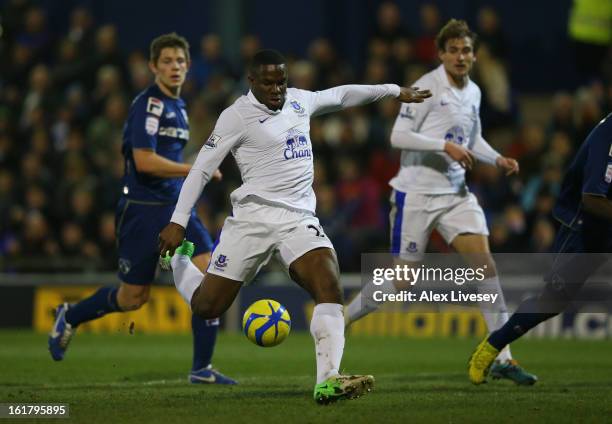 Victor Anichebe of Everton scores his team's first goal to make the score 1-1 during the FA Cup with Budweiser Fifth Round match between Oldham...