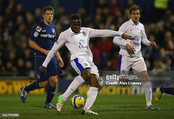 Victor Anichebe of Everton scores his team's first goal to make the score 1-1 during the FA Cup with Budweiser Fifth Round match between Oldham...