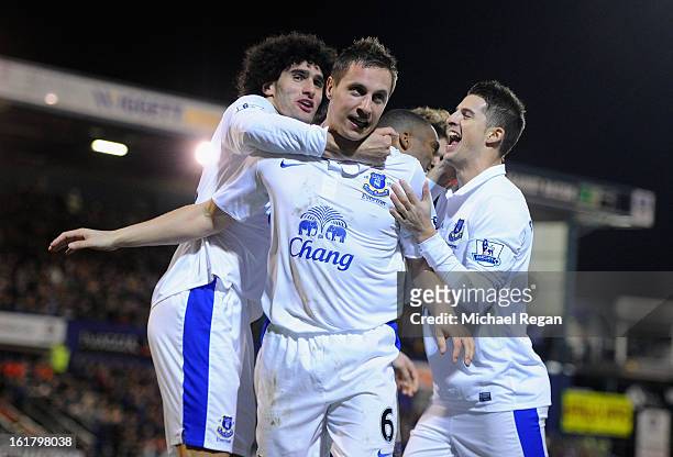 Phil Jagielka of Everton celebrates with his team-mates after soring his team's second goal to make the score 1-2 during the FA Cup with Budweiser...