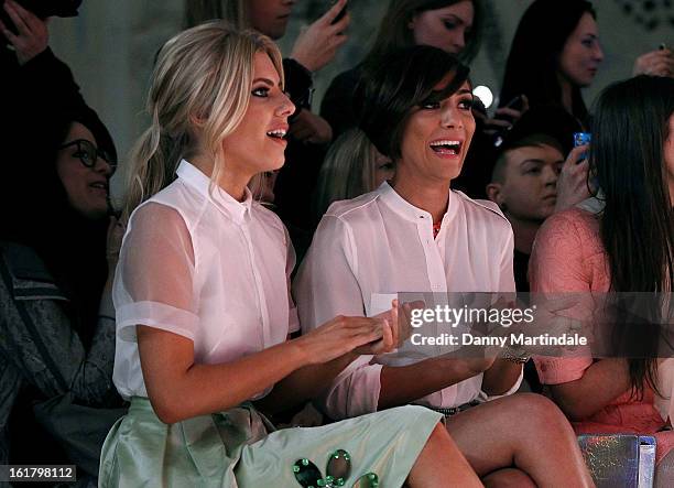 Mollie King and Frankie Sandford attend the Moschino cheap&chic show during London Fashion Week Fall/Winter 2013/14 at The Savoy Hotel on February...