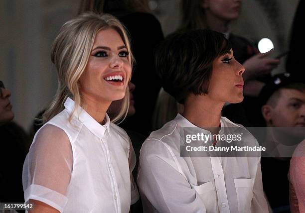 Mollie King and Frankie Sandford attends the Moschino cheap&chic show during London Fashion Week Fall/Winter 2013/14 at The Savoy Hotel on February...