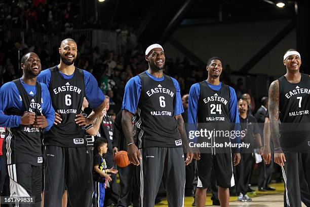 Dwyane Wade, Tyson Chandler, LeBron James, Paul George, and Carmelo Anthony of the Eastern Conferen All-Stars participate during the NBA All-Star...