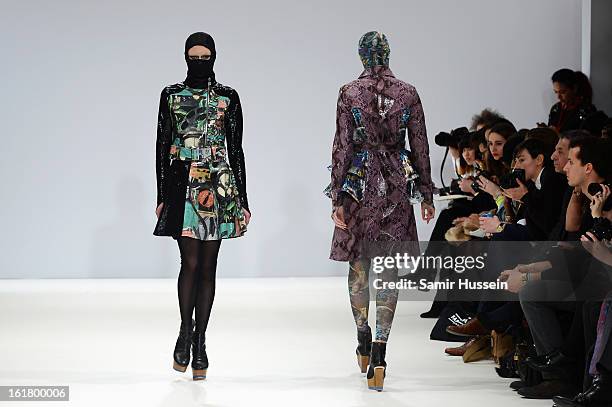 Models walk the runway at the Dans La Vie show during London Fashion Week Fall/Winter 2013/14 at Freemasons Hall on February 16, 2013 in London,...