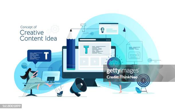 engaging content, blogging, media planning, promotion in social network flat vector concept. - content stock illustrations