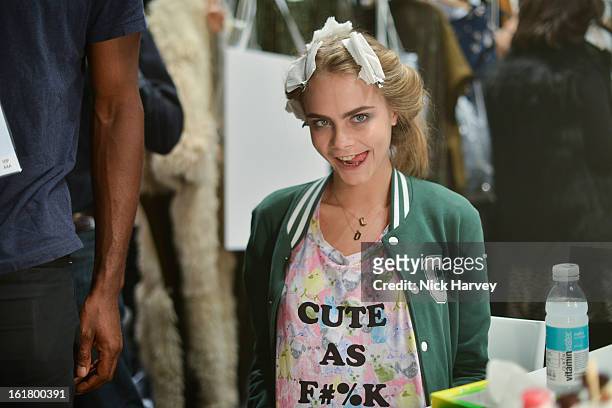 Model Cara Delevingne at the Issa London show during London Fashion Week Fall/Winter 2013/14 at Somerset House on February 16, 2013 in London,...