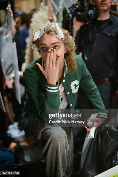 Model Cara Delevingne at the Issa London show during London Fashion Week Fall/Winter 2013/14 at Somerset House on February 16, 2013 in London,...