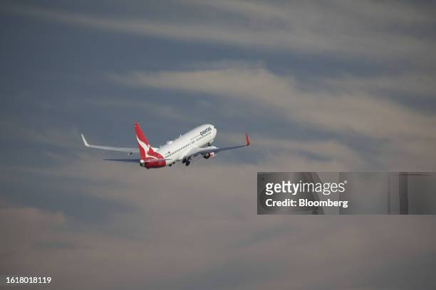 An aircraft operated by Qantas Airways Ltd. Takes off from Sydney Airport in Sydney, Australia, on Tuesday, August 22, 2023. Qantas is scheduled to...