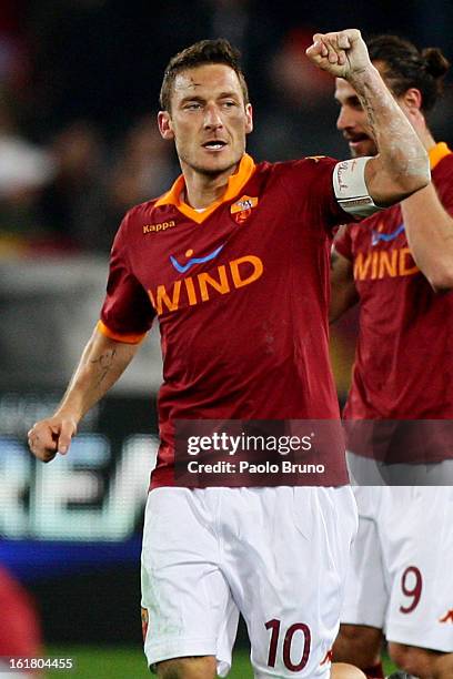 Francesco Totti of AS Roma celebrates after scoring the opening goal of the Serie A match between AS Roma and Juventus FC at Stadio Olimpico on...