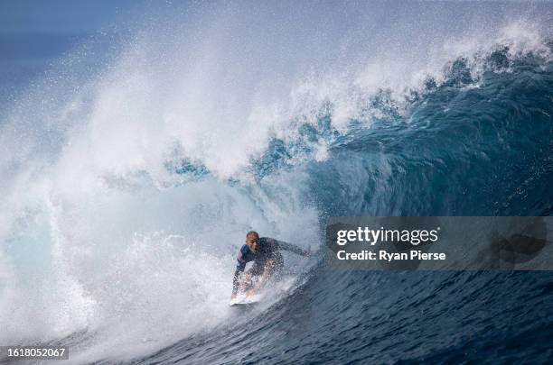 Kelly Slater of United States surfs during their Elimination Round heat on August 15, 2023 in Teahupo'o, French Polynesia.