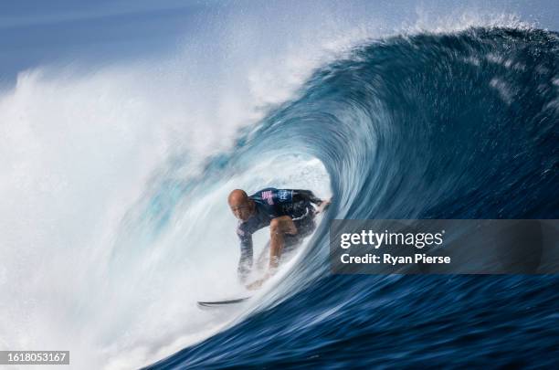 Kelly Slater of United States surfs during their Elimination Round heat on August 15, 2023 in Teahupo'o, French Polynesia.