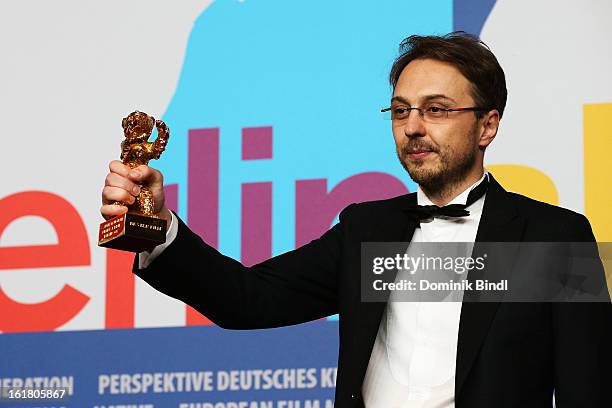 Director Calin Peter Netzer with the Golden Bear at the Award Winners Press Conference during the 63rd Berlinale International Film Festival at Grand...