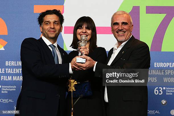 Award winner Danis Tanovic with his award at the Award Winners Press Conference during the 63rd Berlinale International Film Festival at Grand Hyatt...