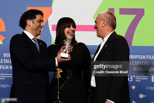 Award winner Danis Tanovic with his award at the Award Winners Press Conference during the 63rd Berlinale International Film Festival at Grand Hyatt...