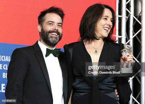 Sebastian Lelio and Paulina Garcia seen on stage with the award for best actress at the Award Winners Press Conference during the 63rd Berlinale...