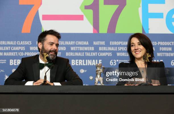 Sebastian Lelio and Paulina Garcia seen on stage with the award for best actress at the Award Winners Press Conference during the 63rd Berlinale...