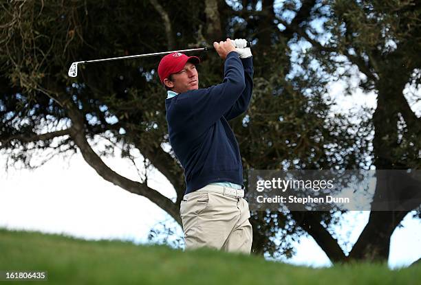 Jim Herman hits his tee shot on the third hole during the final round of the Farmers Insurance Open on the South Course at Torrey Pines Golf Course...