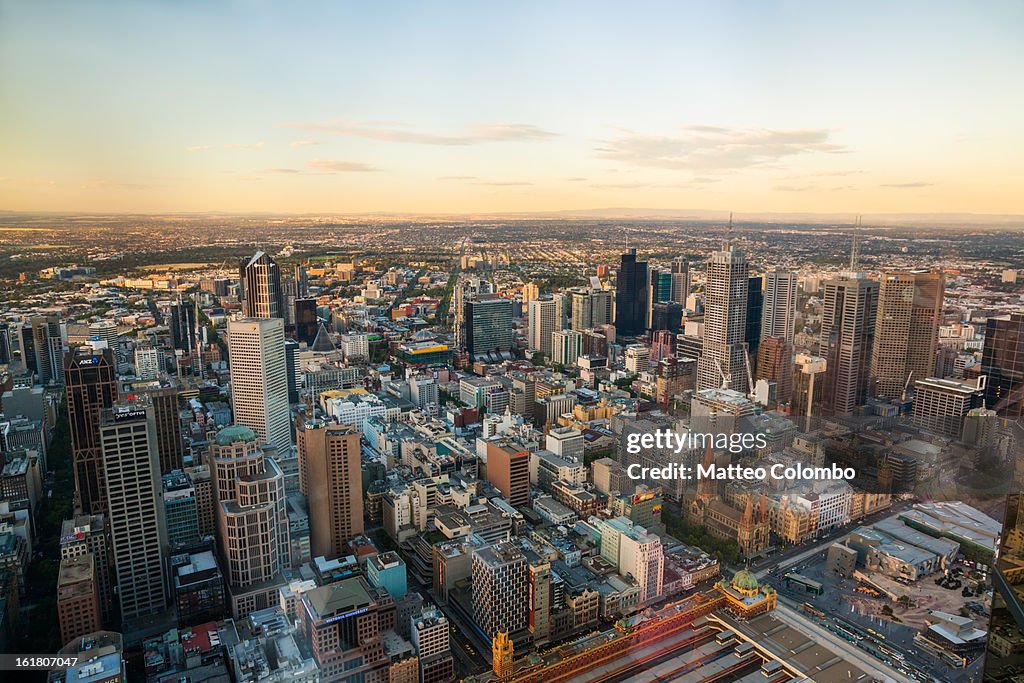 Aerial view of Melbourne at sunset