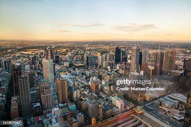 aerial view of melbourne at sunset - melbourne aerial view stock pictures, royalty-free photos & images