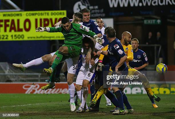 Matt Smith of Oldham Athletic scores his team's second goal to make the score 2-2 during the FA Cup with Budweiser Fifth Round match between Oldham...