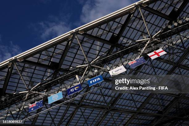 The flags of Australia, Football Unites the World, AFC, FIFA, OFC, New Zealand and England are seen prior to the FIFA Women's World Cup Australia &...