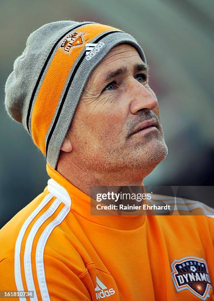 Houston Dynamo head coach Dominic Kinnear looks on during the first half of their game against the Chicago Fire in the Carolina Challenge Cup at...