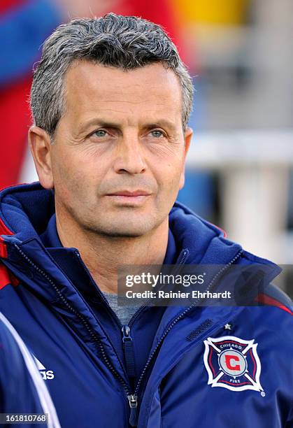 Chicago Fire head coach Frank Klopas looks on during the first half of their game against the Houston Dynamo in the Carolina Challenge Cup at...