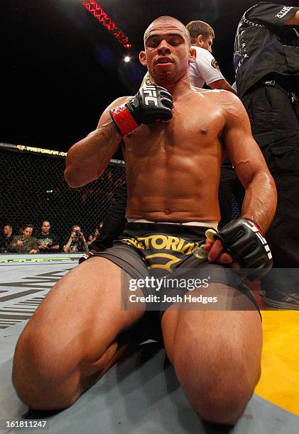 Renan Barao reacts after defeating Michael McDonald in their interim bantamweight title fight during the UFC on Fuel TV event on February 16, 2013 at...