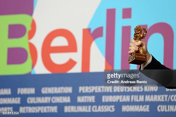 Director Calin Peter Netzer with the Golden Bear at the Award Winners press conference during the 63rd Berlinale International Film Festival at Grand...