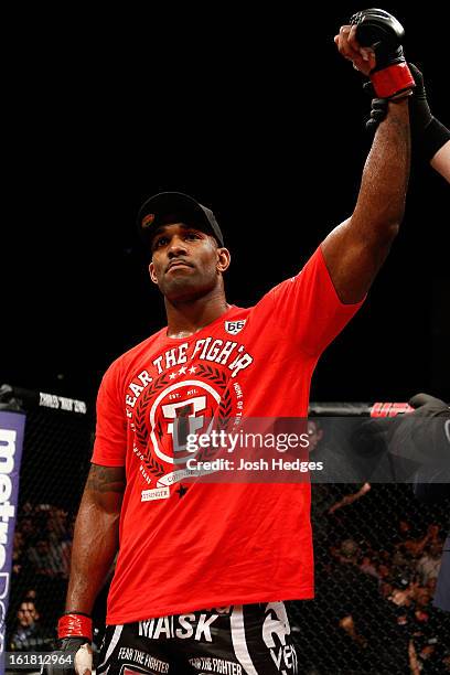 Jimi Manuwa reacts after defeating Cyrille Diabate in their light heavyweight fight during the UFC on Fuel TV event on February 16, 2013 at Wembley...