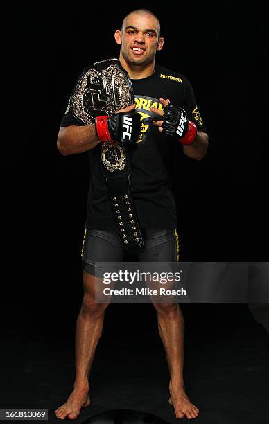 Interim bantamweight champion Renan Barao poses for a portrait after his victory over Michael McDonald during the UFC on Fuel TV event on February...