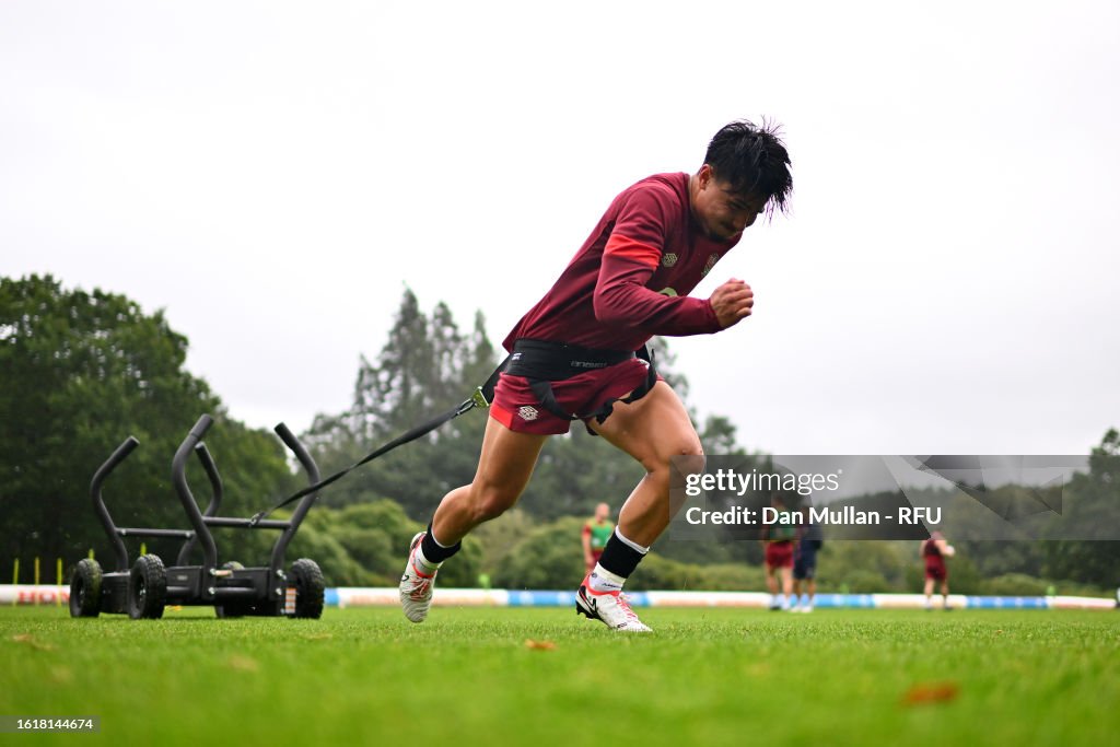 England Rugby Training Rucks Marcus Smith of England pulls a weighted sled during a training... News ...