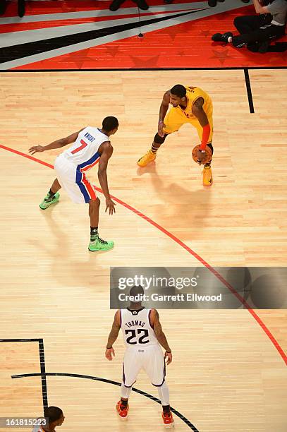 Kyrie Irving of Team Shaq dribbles the ball against Team Chuck during 2013 BBVA Rising Stars Challenge at Toyota Center on February 15, 2013 in...