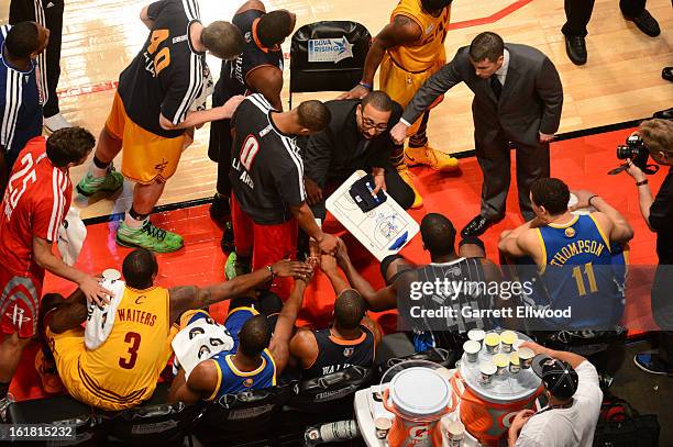 Members of Team Shaq gather during a time-out against Team Chuck during 2013 BBVA Rising Stars Challenge at Toyota Center on February 15, 2013 in...