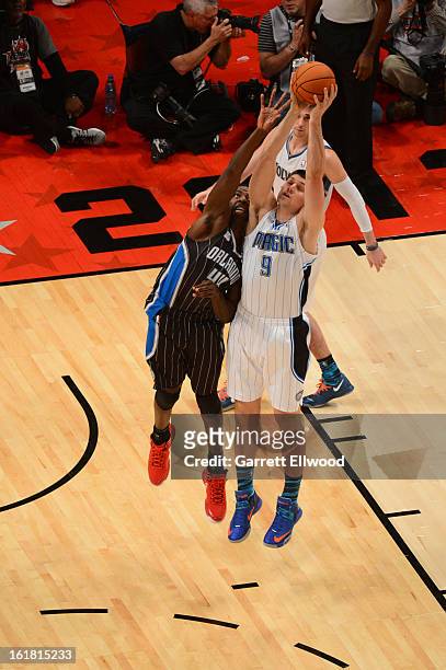 Nikola Vucevic of Team Chuck goes up for the ball against Team Shaq during 2013 BBVA Rising Stars Challenge at Toyota Center on February 15, 2013 in...