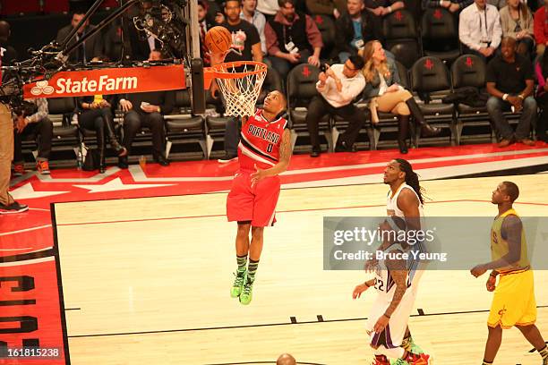 Damian Lillard of Team Shaq goes up for the layup against Team Chuck during 2013 BBVA Rising Stars Challenge at Toyota Center on February 15, 2013 in...