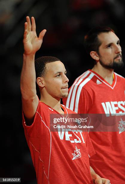 Stephen Curry of the West team is introduced during 2013 Foot Locker Three-Point Contest on State Farm All-Star Saturday Night as part of 2013 NBA...