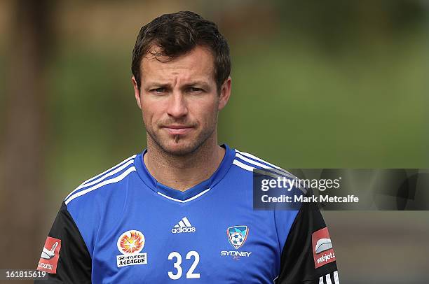 Lucas Neill arrives for a Sydney FC A-League training session at Macquarie Uni on February 17, 2013 in Sydney, Australia.