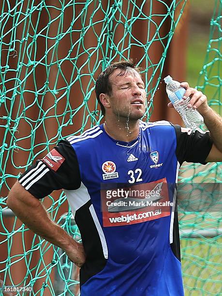 Lucas Neill cools off during a Sydney FC A-League training session at Macquarie Uni on February 17, 2013 in Sydney, Australia.